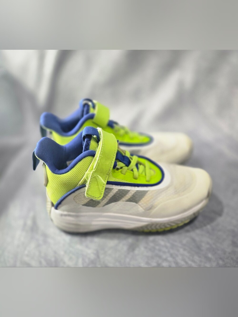adidas Kids Ownthegame 3.0 Basketball Shoes in the white, solar slime green